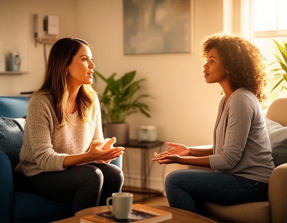 Certified life coach having compassionate conversation with client in warm sunlit Atlanta coaching studio