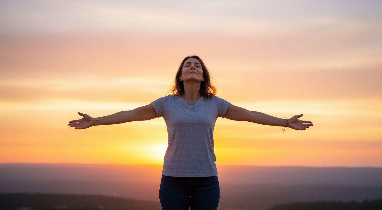 Woman standing at golden hour sunset with arms open, symbolizing emotional healing and transformation through life coaching