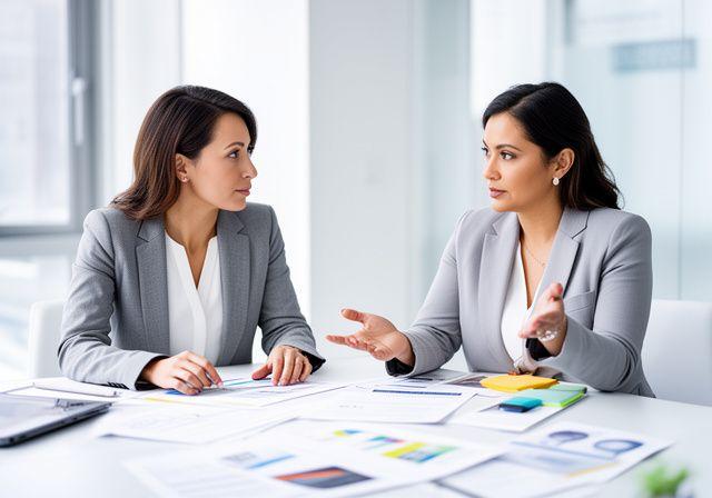 Woman entrepreneur during personalized coaching session in bright office, coach listening attentively, business documents on table