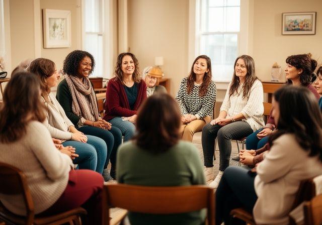 Diverse group of women seated in circle engaged in emotional storytelling workshop, soft natural light in community space