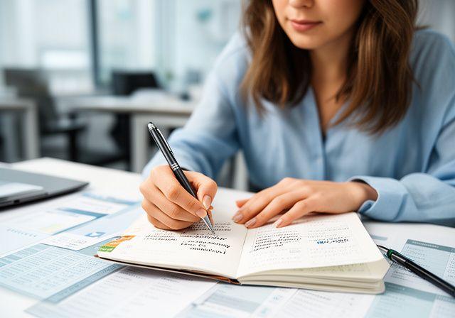 Millennial professional woman writing career goals in notebook at modern co-working space, focused and determined expression